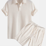 Short Sleeved Waffle Polo & Drawstring Knitted Waffle Shorts Set