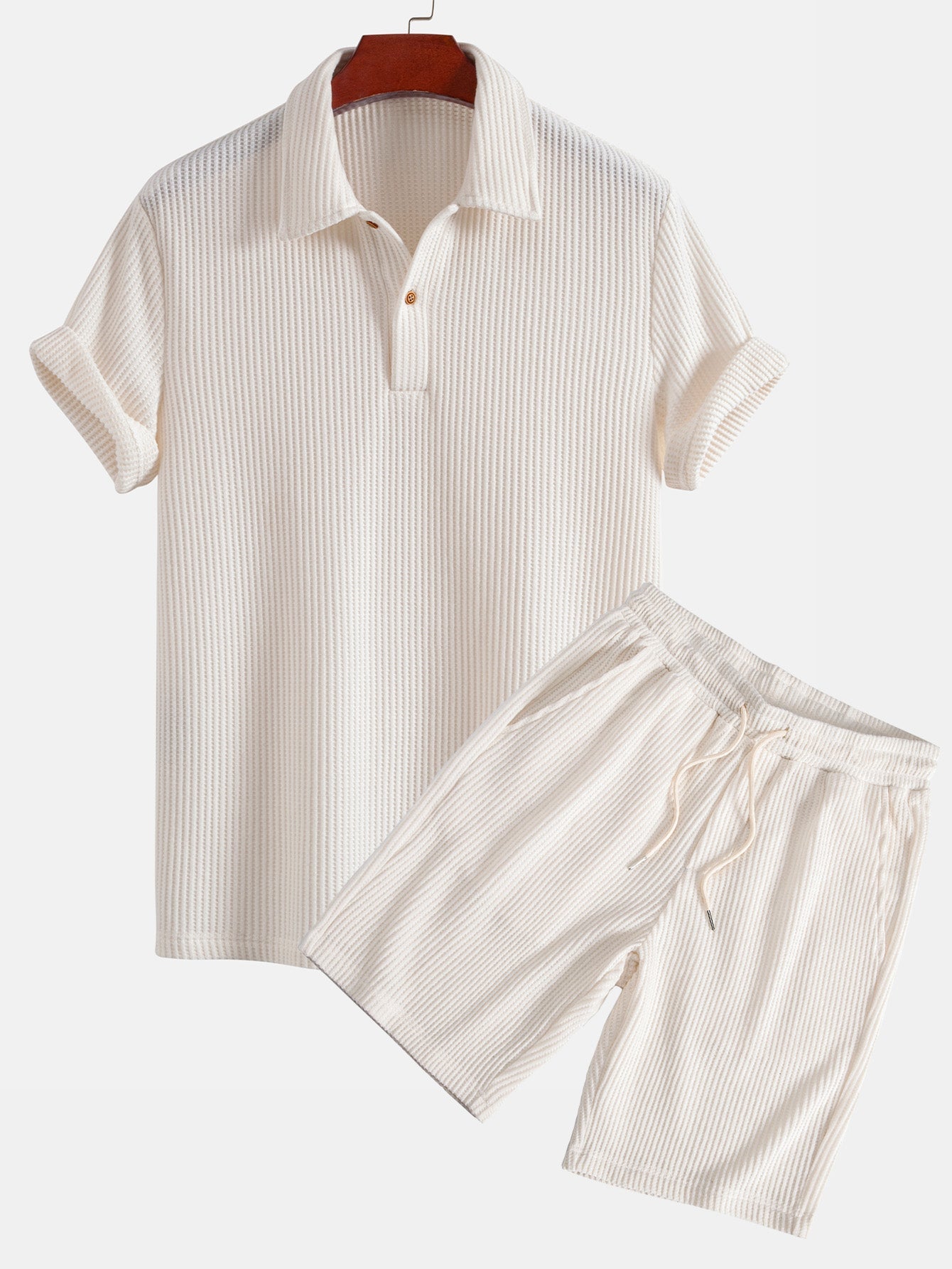 Short Sleeved Waffle Polo & Drawstring Knitted Waffle Shorts Set
