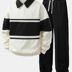 Color Block Patchwork Polo Sweatshirt & Pleated Pintuck Sweatpants Set