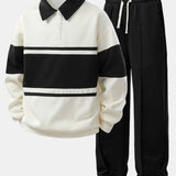 Color Block Patchwork Polo Sweatshirt & Pleated Pintuck Sweatpants Set