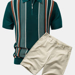 Stripe Knit Zip Up Polo Shirt & Cotton Chino Shorts Set