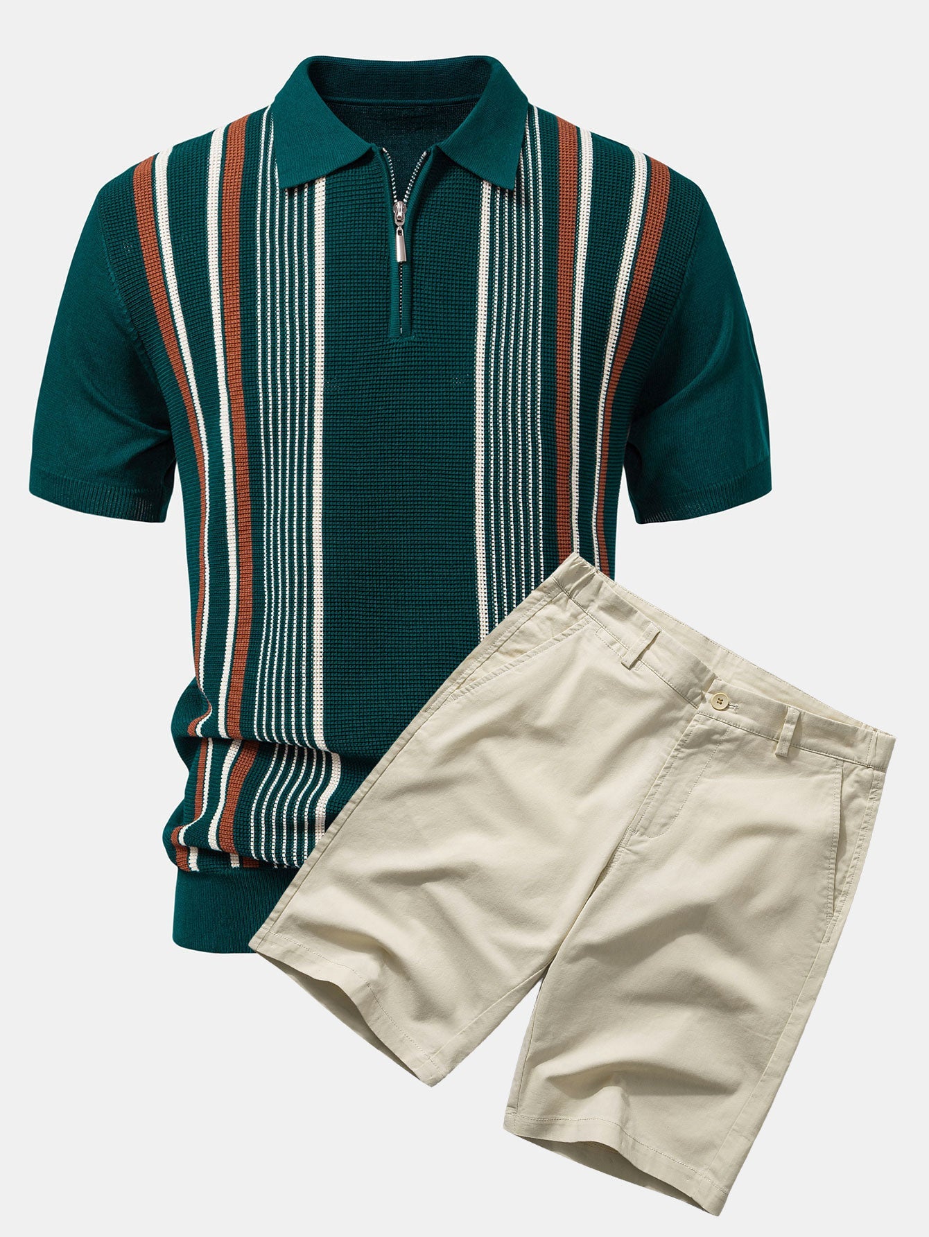 Stripe Knit Zip Up Polo Shirt & Cotton Chino Shorts Set