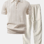 Linen Stripe Open Knit Polo & Straight Leg Linen Pants Set
