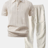 Linen Stripe Open Knit Polo & Straight Leg Linen Pants Set