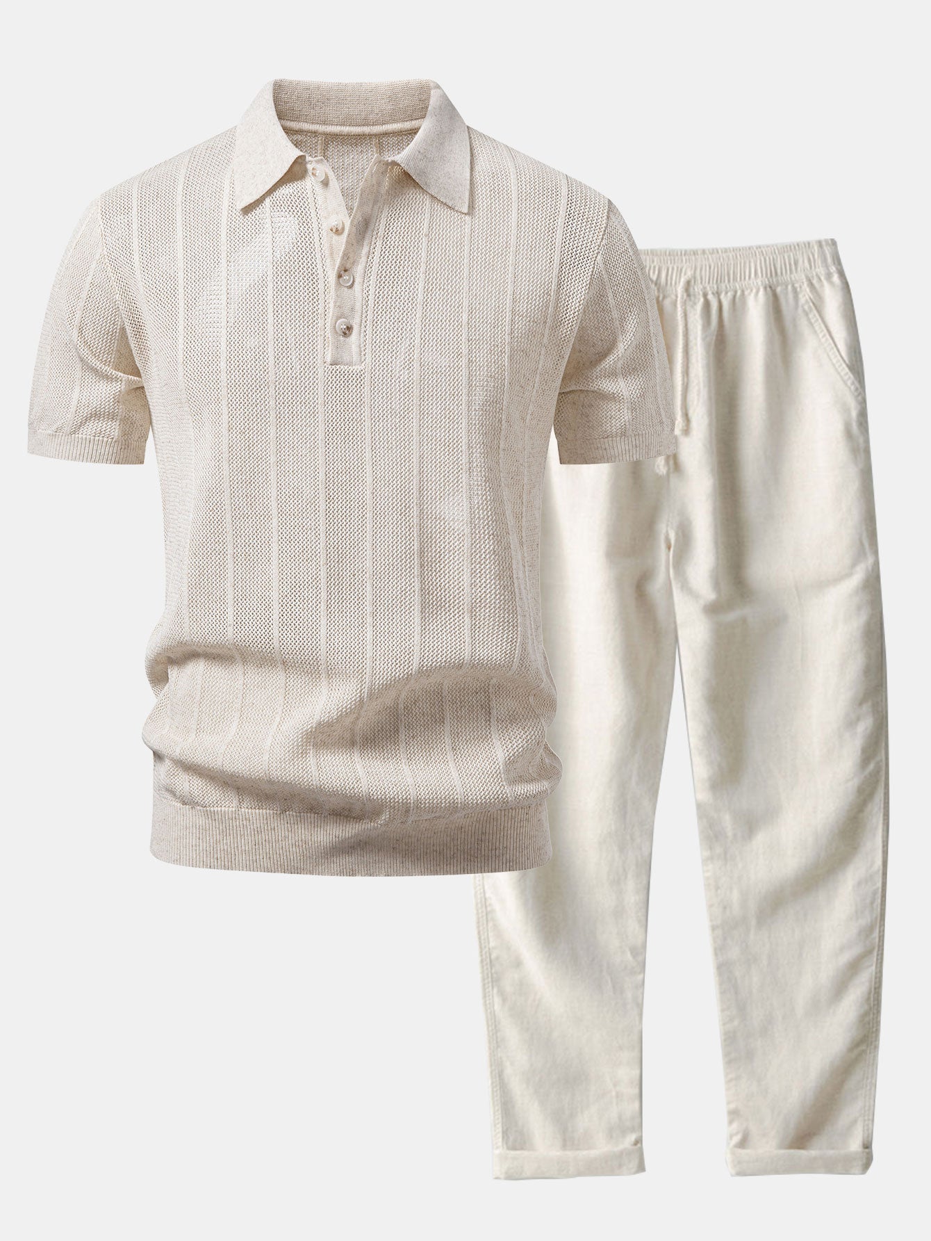 Linen Stripe Open Knit Polo & Straight Leg Linen Pants Set