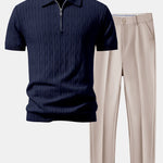 Twisted Jacquard Zipper Knit Polo & Slim Fit Tapered Trousers Set