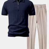 Twisted Jacquard Zipper Knit Polo & Slim Fit Tapered Trousers Set