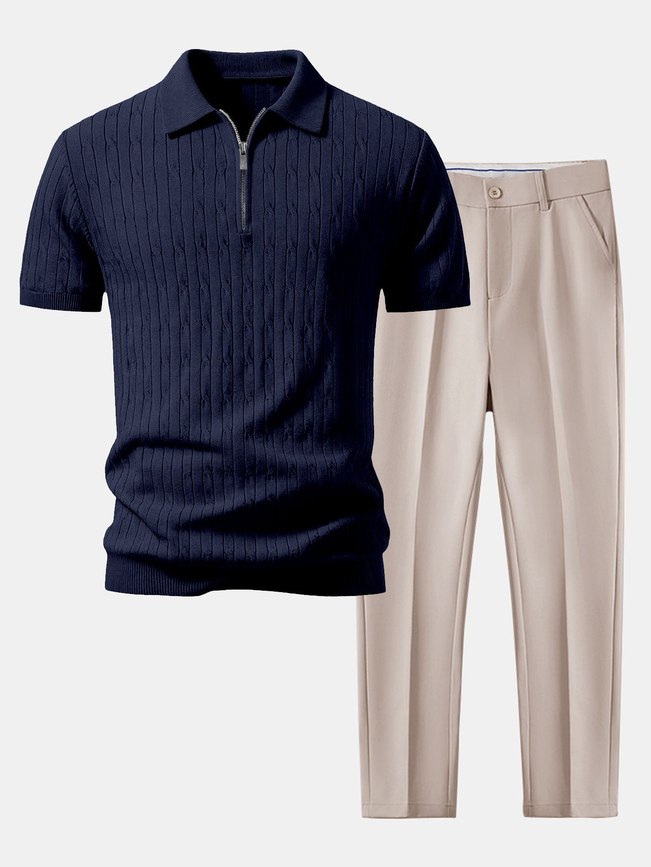 Twisted Jacquard Zipper Knit Polo & Slim Fit Tapered Trousers Set