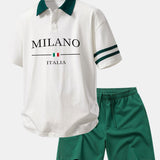 Milano Print Contrast Collar Polo Shirt & Cotton Drawstring 7" Shorts Set