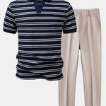 Stripe Waffle Johnny Collar Polo & Slim Fit Tapered Trousers Set