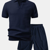 Waffle Johnny Collar Polo with Pocket & Drawstring Knitted Waffle Shorts Set
