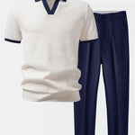 Contrast Knit Waffle Johnny Collar Polo & Tapered Trousers Set