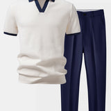 Contrast Knit Waffle Johnny Collar Polo & Tapered Trousers Set