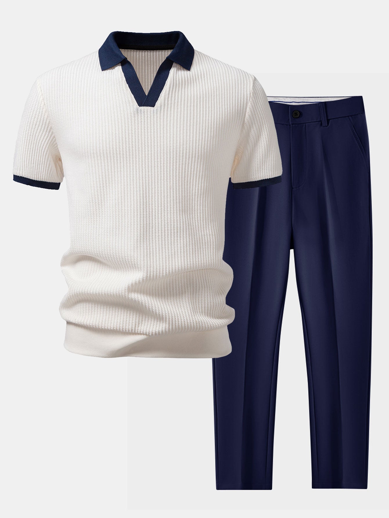 Contrast Knit Waffle Johnny Collar Polo & Tapered Trousers Set