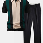Textured Color Block Knit Polo & Slim Fit Tapered Trousers Set