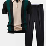 Textured Color Block Knit Polo & Slim Fit Tapered Trousers Set