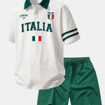 Italia Print Contrast Collar Polo Shirt & Cotton Drawstring 7" Shorts Set