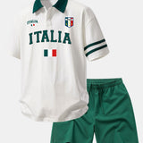 Italia Print Contrast Collar Polo Shirt & Cotton Drawstring 7" Shorts Set