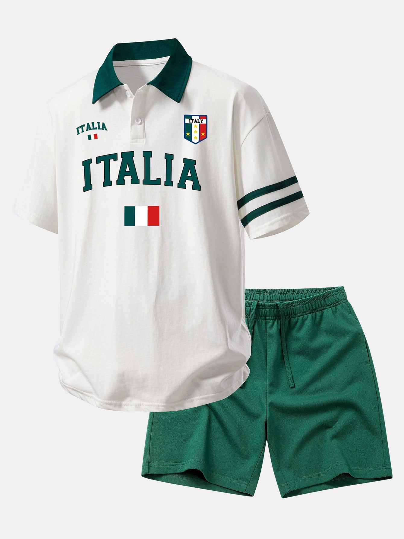 Italia Print Contrast Collar Polo Shirt & Cotton Drawstring 7" Shorts Set