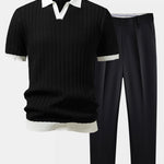 Contrast Textured Johnny Collar Knit Polo & Tapered Trousers Set
