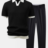 Contrast Textured Johnny Collar Knit Polo & Tapered Trousers Set
