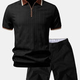 Contrast Trim Textured Zipper Knit Polo & Chino Shorts Set