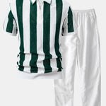 Striped Eyelet Knit Zip Up Polo Shirt & Straight Leg Linen Pants Set