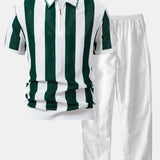 Striped Eyelet Knit Zip Up Polo Shirt & Straight Leg Linen Pants Set