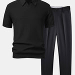 Wave Jacquard Knit V Neck Polo Shirt & Slim Fit Tapered Trousers Set