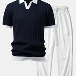 Contrast Textured Johnny Collar Knit Polo & Crinkle Textured Pants Set