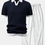 Contrast Textured Johnny Collar Knit Polo & Crinkle Textured Pants Set