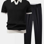 Contrast Trim Stripe Johnny Collar Polo & Tapered Trousers Set