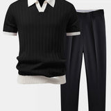 Contrast Trim Stripe Johnny Collar Polo & Tapered Trousers Set