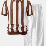 Striped Eyelet Knit Zip Up Polo Shirt & Straight Leg Linen Pants Set