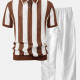 Striped Eyelet Knit Zip Up Polo Shirt & Straight Leg Linen Pants Set