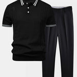 Contrast Trim Twisted Jacquard Knit Polo & Tapered Trousers Set