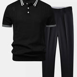 Contrast Trim Twisted Jacquard Knit Polo & Tapered Trousers Set