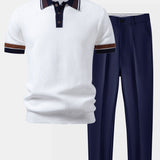 Contrast Stripe Trim Waffle Knit Polo & Slim Fit Tapered Trousers Set