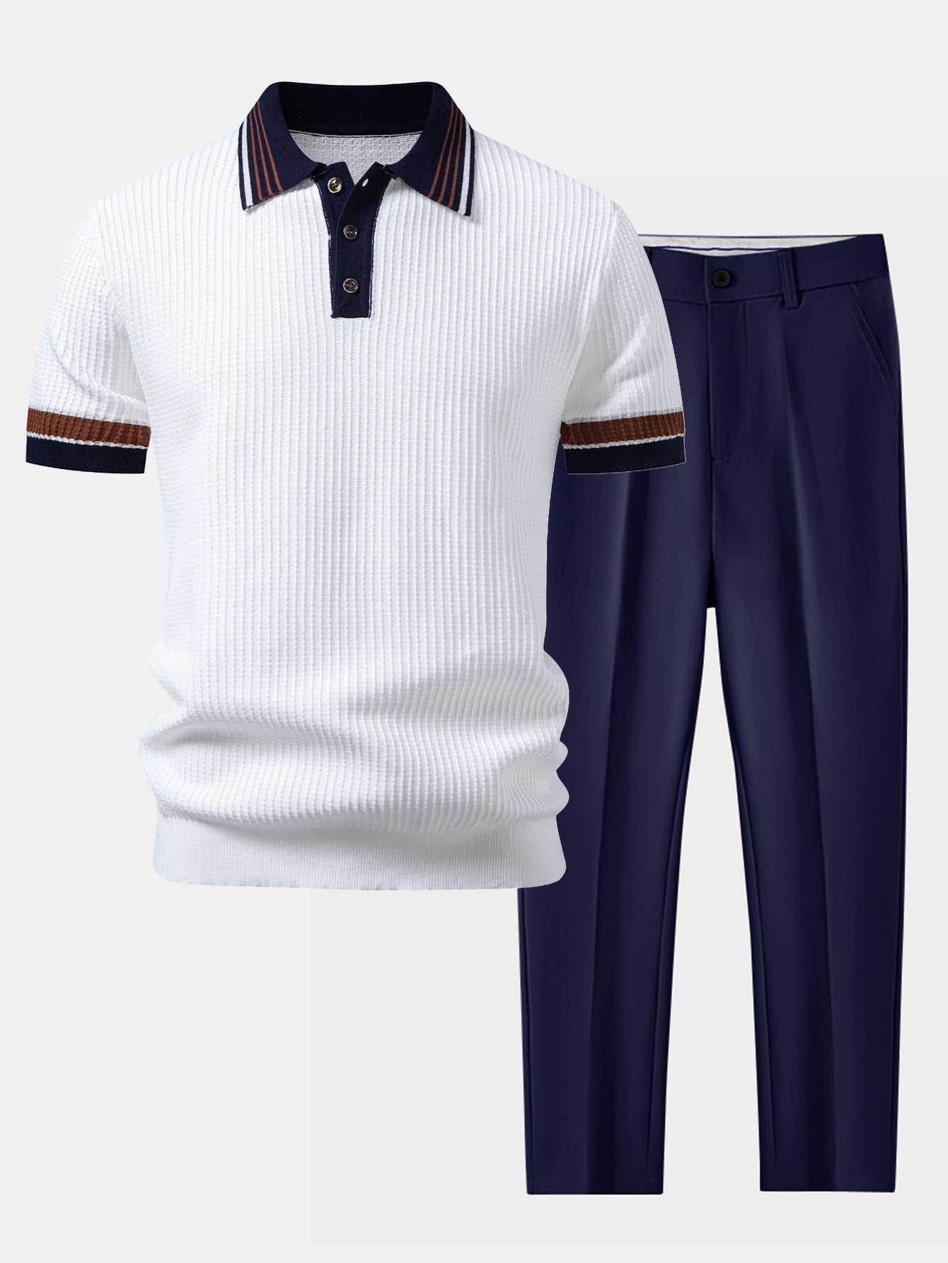 Contrast Stripe Trim Waffle Knit Polo & Slim Fit Tapered Trousers Set