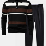 Long Sleeve Stripe Knit Polo Shirt & Slim Fit Tapered Trousers Set
