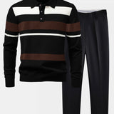 Long Sleeve Stripe Knit Polo Shirt & Slim Fit Tapered Trousers Set
