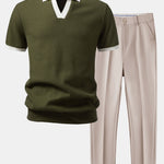 Contrast Knit Waffle Johnny Collar Polo & Tapered Trousers Set