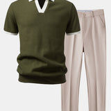 Contrast Knit Waffle Johnny Collar Polo & Tapered Trousers Set