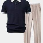Contrast Zipper Knit Polo & Slim Fit Tapered Trousers Set