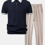 Contrast Zipper Knit Polo & Slim Fit Tapered Trousers Set