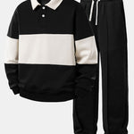 Color Block Polo Collar Sweatshirt & Pleated Pintuck Sweatpants Set