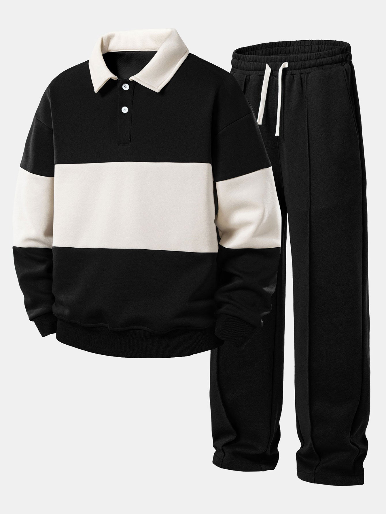 Color Block Polo Collar Sweatshirt & Pleated Pintuck Sweatpants Set