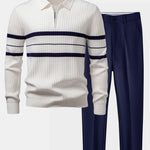 Stripe Zip Knit Ribbed Polo Shirt & Slim Fit Tapered Trousers Set