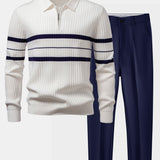 Stripe Zip Knit Ribbed Polo Shirt & Slim Fit Tapered Trousers Set