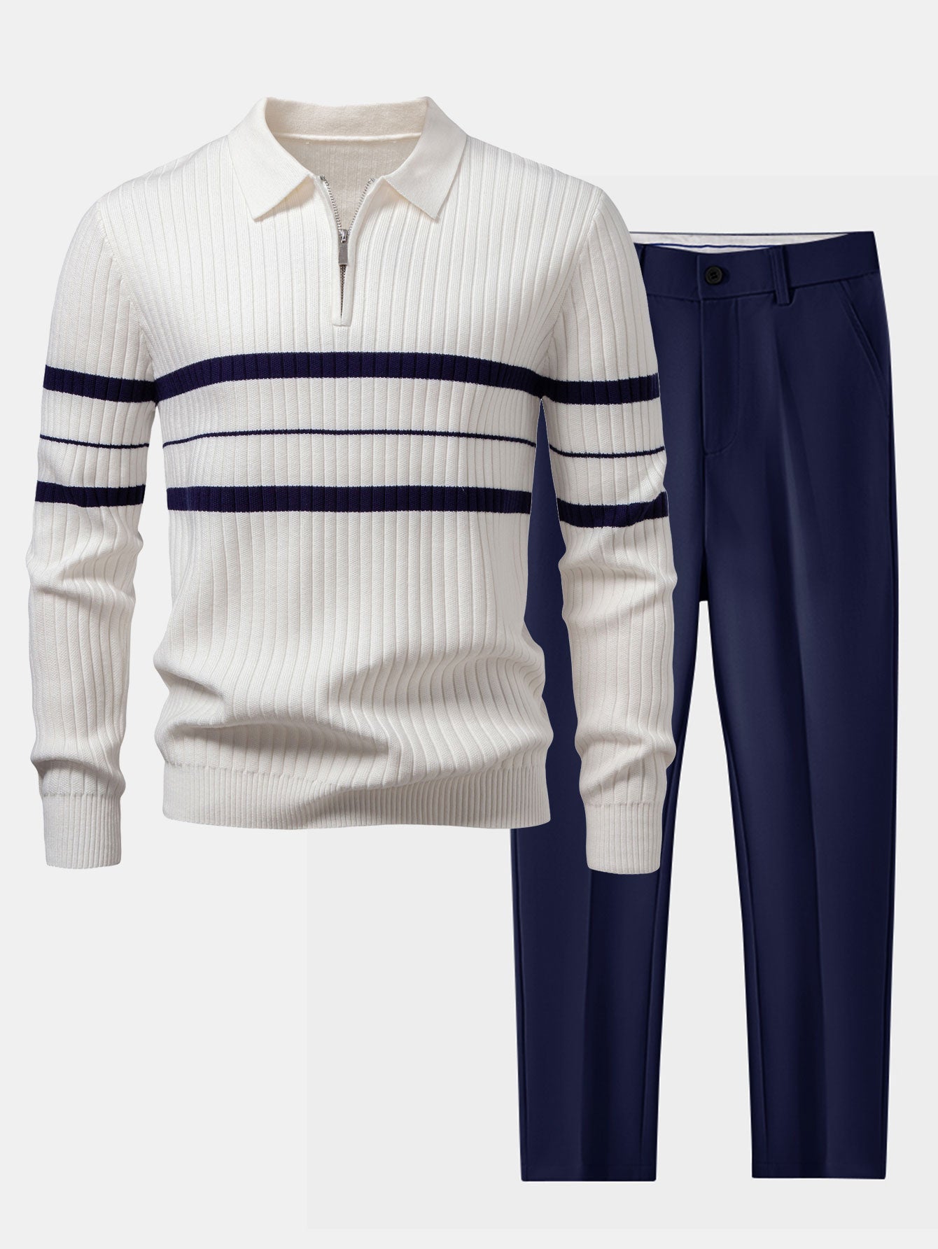 Stripe Zip Knit Ribbed Polo Shirt & Slim Fit Tapered Trousers Set